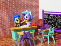 Size: 1320x990 | Tagged: safe, artist:whatthehell!?, imported from derpibooru, flash sentry, princess celestia, equestria girls, apple, chair, chalkboard, classroom, clothes, cup, desk, doll, equestria girls minis, food, gem, irl, photo, principal celestia, shoes, toy