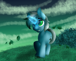 Size: 1024x818 | Tagged: safe, artist:jacobdawz, imported from derpibooru, oc, oc only, pony, unicorn, art trade, glowing horn, heart eyes, leaves, male, solo, stallion, starry eyes, wingding eyes