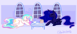 Size: 1280x562 | Tagged: safe, artist:zaballama, imported from derpibooru, princess celestia, princess luna, alicorn, pony, coffee, coffee cup, cup, female, food, missing accessory, pancakes, prone, sisters, sleepy