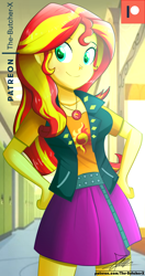 Size: 720x1360 | Tagged: safe, artist:the-butch-x, imported from derpibooru, sunset shimmer, equestria girls, equestria girls series, canterlot high, clothes, commission, cutie mark on clothes, female, geode of empathy, hallway, jacket, leather jacket, lockers, patreon, patreon logo, signature, skirt, smiling, solo