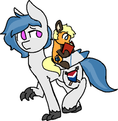 Size: 421x432 | Tagged: safe, artist:nootaz, imported from derpibooru, oc, oc only, oc:blank leaves, oc:delta dart, earth pony, fox, fox pony, hippogriff, hybrid, original species, pony, book, commission, ponies riding hippogriffs, ponies riding ponies, reading, riding, simple background, size difference, talons, transparent background