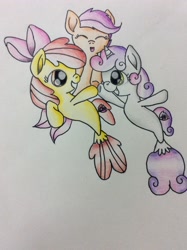 Size: 1936x2592 | Tagged: safe, artist:cloudyhan24, imported from derpibooru, apple bloom, scootaloo, sweetie belle, earth pony, pegasus, pony, seapony (g4), unicorn, surf and/or turf, cutie mark crusaders, dorsal fin, eyes closed, female, fish tail, hoofbump, horn, looking at each other, open mouth, purple mane, red mane, ribbon, sea-mcs, seaponified, seapony apple bloom, seapony scootaloo, seapony sweetie belle, simple background, smiling, species swap, tail, teeth, traditional art, trio, white background