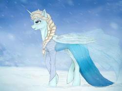 Size: 2987x2223 | Tagged: safe, artist:nikanikol, imported from derpibooru, alicorn, pony, clothes, dress, elsa, frozen (movie), high res, ponified, snow, solo