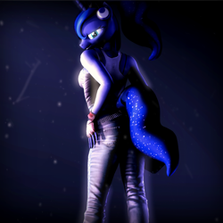 Size: 1080x1080 | Tagged: safe, artist:lunar57, imported from derpibooru, princess luna, anthro, 3d, clothes, female, fingerless gloves, gloves, jeans, looking at you, looking back, looking back at you, pants, solo, source filmmaker, tanktop