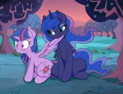 Size: 1024x777 | Tagged: safe, artist:dfectivedvice, artist:jubileeglider, edit, imported from derpibooru, princess luna, twilight sparkle, alicorn, pony, :3, biting, blushing, chest fluff, cute, ear fluff, female, lesbian, lunabetes, mare, shipping, sitting, twiabetes, twilight sparkle (alicorn), twiluna, wing bite