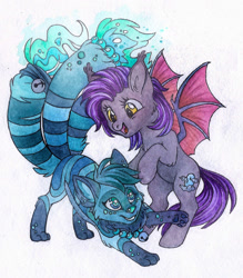 Size: 1212x1384 | Tagged: safe, artist:red-watercolor, imported from derpibooru, oc, oc only, oc:dawn sentry, bat pony, pony, bat pony oc, bat wings, female, foal, hand drawing, kitsune, mare, playing, starry eyes, traditional art, wingding eyes