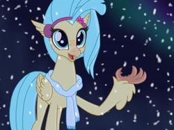Size: 2732x2048 | Tagged: safe, artist:justsomepainter11, imported from derpibooru, princess skystar, classical hippogriff, hippogriff, my little pony: the movie, clothes, female, movie accurate, scarf, show accurate, smiling, snow, snowfall, solo