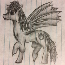 Size: 1024x1024 | Tagged: safe, artist:caucow, imported from derpibooru, oc, oc only, oc:shadowtrot flamewraith, bat pony, pony, bat pony oc, grayscale, lined paper, male, monochrome, simple background, solo, stallion, traditional art