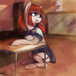 Size: 1080x1080 | Tagged: safe, artist:ognifireheart, imported from derpibooru, oc, oc only, earth pony, pony, clothes, female, grin, mare, school uniform, sitting, smiling, solo, stockings, thigh highs