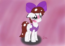 Size: 1024x720 | Tagged: safe, artist:cityflyer502, imported from derpibooru, oc, oc only, oc:graph travel, pegasus, pony, robot, robot pony, blushing profusely, bow, clothes, cute, embarrassed, female, floppy ears, freckles, mare, missing cutie mark, prosthetic wing, shy, smiling, solo, vest