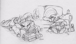 Size: 2431x1424 | Tagged: safe, artist:dilarus, deleted from derpibooru, imported from derpibooru, smarty pants, twilight sparkle, alicorn, pony, book, candle, couch, female, grayscale, lying, magic, mare, monochrome, reading, sleeping, solo, telekinesis, traditional art, twilight sparkle (alicorn), zzz