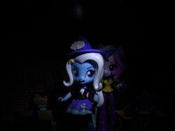 Size: 1100x825 | Tagged: safe, artist:whatthehell!?, imported from derpibooru, princess celestia, trixie, equestria girls, chair, classroom, clothes, dark, desk, doll, equestria girls minis, gem, hat, irl, photo, principal celestia, shoes, toy