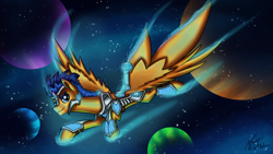 Size: 4096x2304 | Tagged: safe, artist:nightpaint12, imported from derpibooru, flash sentry, pegasus, pony, armor, flying, grin, male, planet, smiling, solo, space, warrior