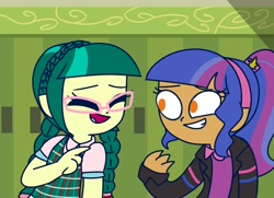Size: 1378x999 | Tagged: safe, artist:psychodiamondstar, imported from derpibooru, oc, oc only, oc:evergreen pine, equestria girls, casual, clothes, commission, dark skin, female, glasses, magical lesbian spawn, offspring, open mouth, parent:juniper montage, parent:sci-twi, parent:sunset shimmer, parent:timber spruce, parents:scitwishimmer