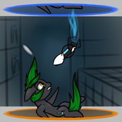 Size: 500x500 | Tagged: safe, artist:6editor9, imported from derpibooru, oc, oc only, oc:soft spring, pony, unicorn, falling, female, mare, portal, portal (valve), portal gun, solo