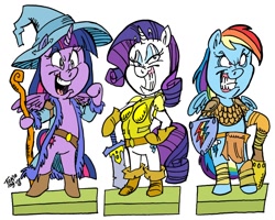 Size: 1280x1024 | Tagged: safe, artist:grotezco, imported from derpibooru, rainbow dash, rarity, twilight sparkle, alicorn, anthro, unguligrade anthro, crossover, fantasy class, female, knight, paladin, paper doll, smiling, staff, sword, twilight sparkle (alicorn), warrior, weapon, wizard