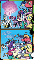 Size: 508x878 | Tagged: safe, artist:andypriceart, idw, imported from derpibooru, big macintosh, blacktip, fluttershy, rarity, raven, toe-tapper, torch song, twilight sparkle, alicorn, griffon, pony, unicorn, spoiler:comic, spoiler:comic62, blue background, comic, cropped, female, fire of friendship, male, mare, official comic, ponytones, simple background, stallion, twilight sparkle (alicorn)