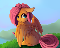 Size: 2500x2000 | Tagged: dead source, safe, artist:miokomata, imported from derpibooru, fluttershy, pegasus, pony, cute, female, looking back, mare, missing cutie mark, shyabetes, solo