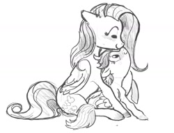 Size: 1280x981 | Tagged: safe, artist:spectralunicorn, imported from derpibooru, fluttershy, rainbow dash, pony, blushing, female, flutterdash, hug, lesbian, monochrome, shipping, size difference, smoldash, tallershy