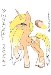 Size: 1408x2088 | Tagged: safe, artist:peachsoda, imported from derpibooru, oc, oc only, oc:lemon teacake, alicorn, pony, alicorn oc, bracelet, braided tail, ear piercing, earring, female, freckles, jewelry, nose piercing, nose ring, one hoof raised, piercing, raised hoof, reference sheet, solo