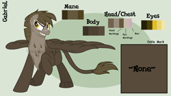 Size: 2147x1203 | Tagged: safe, artist:ipandacakes, imported from derpibooru, oc, oc only, oc:gabriel, hippogriff, interspecies offspring, male, offspring, parent:dumbbell, parent:gilda, parents:gildabell, reference sheet, solo