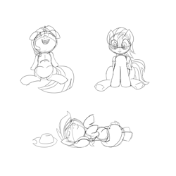 Size: 3600x3600 | Tagged: safe, artist:tsitra, imported from derpibooru, applejack, rainbow dash, twilight sparkle, pony, laughing, monochrome, on back, simple background, white background