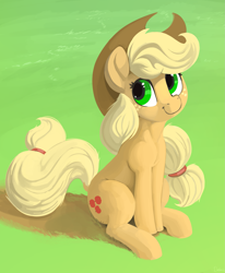 Size: 2471x3000 | Tagged: safe, artist:dimfann, imported from derpibooru, applejack, earth pony, pony, cowboy hat, cute, female, freckles, grass, hat, high res, jackabetes, looking away, looking up, sitting, smiling, solo, stetson