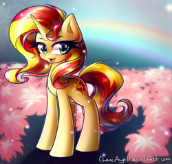 Size: 1250x1195 | Tagged: safe, artist:chaosangeldesu, imported from derpibooru, sunset shimmer, pony, unicorn, female, flower, mare, rainbow, smiling, solo, stars, sun