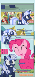 Size: 1919x4225 | Tagged: safe, artist:estories, imported from derpibooru, pinkie pie, oc, oc:silverlay, earth pony, original species, pony, unicorn, comic:a(pple)ffection, cloud, comic, dialogue, female, freckles, mare, ponyville, sky, surprised, umbra pony, yelling