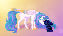 Size: 2192x1250 | Tagged: safe, artist:silverwolf866, imported from derpibooru, princess celestia, princess luna, alicorn, pony, blank flank, cloven hooves, colored eyelashes, colored fluff, colored wings, colored wingtips, cute, cutelestia, duo, eyes closed, female, filly, gradient background, leg fluff, lunabetes, mare, royal sisters, siblings, sisters, smiling, tail feathers, woona, younger