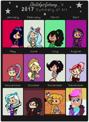 Size: 1000x1357 | Tagged: safe, artist:obeliskgirljohanny, imported from derpibooru, applejack, little strongheart, princess skystar, sour sweet, oc, oc:cerise rose, oc:eclipsa moon, oc:melon blossom, oc:nike, oc:precious kitten, oc:scarla, oc:seraphim cyanne, oc:strawberry rose, human, hybrid, equestria girls, my little pony: the movie, 2017 summary of art, humanized, interspecies offspring, offspring, parent:chief thunderhooves, parent:discord, parent:princess celestia, parent:principal abacus cinch, parents:dislestia