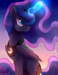 Size: 3240x4165 | Tagged: safe, artist:kodabomb, imported from derpibooru, princess luna, alicorn, pony, cute, ethereal mane, female, glowing horn, lunabetes, mare, sitting, smiling, solo, starry mane, stars