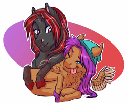 Size: 4030x3300 | Tagged: safe, artist:earthsong9405, imported from derpibooru, oc, oc only, oc:crimson fist, oc:honey fall, pony, colored hooves, commission, cracked hooves, duo, floating wings, hat, scar, simple background, tongue out