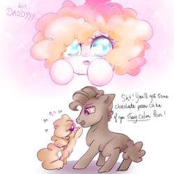 Size: 5000x5000 | Tagged: safe, artist:pinkablue, imported from derpibooru, grand pear, pear butter, earth pony, pony, :o, absurd resolution, begging, bipedal, comic, cute, dialogue, duo, father and daughter, female, filly, freckles, gradient background, hnnng, hooves, lidded eyes, male, offscreen character, open mouth, pearabetes, pov, puppy dog eyes, reaching, simple background, smiling, sparkles, stallion, white background, young grand pear, younger