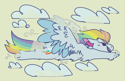 Size: 1360x879 | Tagged: safe, artist:beanieprince, imported from derpibooru, rainbow dash, pony, cloud, female, flying, solo, unshorn fetlocks