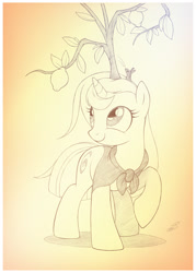 Size: 759x1062 | Tagged: safe, artist:sherwoodwhisper, imported from derpibooru, oc, oc only, oc:eri, pony, food, lemon, monochrome, solo, tree