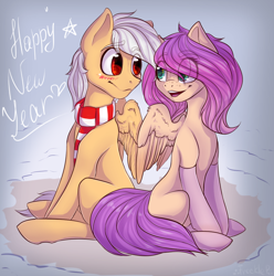 Size: 1024x1033 | Tagged: dead source, safe, artist:freckleplant, imported from derpibooru, oc, oc only, pegasus, pony, blushing, clothes, eye contact, female, happy new year, holiday, looking at each other, male, oc x oc, scarf, shipping, sitting, smiling, snow, socks, straight, winter