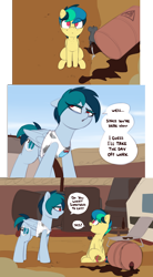 Size: 3233x5871 | Tagged: safe, artist:shinodage, imported from derpibooru, oc, oc only, oc:apogee, oc:delta vee, oc:houston, mouse, pegasus, pony, comic, delta vee's junkyard, dialogue, duo, female, filly, junkyard, mare, mother and daughter, oil barrel, sitting, speech bubble