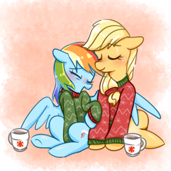 Size: 868x870 | Tagged: safe, artist:sagwamat, imported from derpibooru, applejack, rainbow dash, appledash, bottomless, clothes, female, lesbian, mug, partial nudity, shipping, sweater