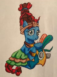 Size: 2274x3097 | Tagged: safe, artist:bozzerkazooers, imported from derpibooru, meadowbrook, earth pony, pony, clothes, female, healer's mask, looking at you, mare, mask, simple background, smiling, traditional art