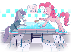 Size: 2888x2113 | Tagged: safe, artist:maddzroks, imported from derpibooru, maud pie, pinkie pie, chest fluff, dialogue, duo, female, milkshake, open mouth, sisters, speech bubble, unshorn fetlocks