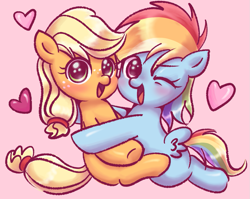 Size: 1047x834 | Tagged: safe, artist:sagwamat, imported from derpibooru, applejack, rainbow dash, earth pony, pegasus, pony, appledash, cute, dashabetes, duo, female, filly, hnnng, jackabetes, lesbian, looking at you, shipping, smiling