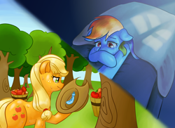 Size: 2200x1600 | Tagged: safe, artist:sagwamat, imported from derpibooru, applejack, rainbow dash, earth pony, pony, fanfic:appledashery, apple, apple tree, appledash, appledashery, bed, cowboy hat, crying, fanfic, fanfic art, feather, female, floppy ears, food, hat, lesbian, mare, multicolored hair, shipping, smiling, stetson, tree