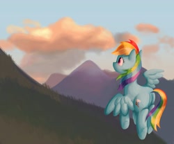 Size: 3000x2500 | Tagged: safe, artist:sagwamat, imported from derpibooru, rainbow dash, pegasus, pony, cloud, female, flying, mare, mountain, multicolored hair, scenery, sky, solo