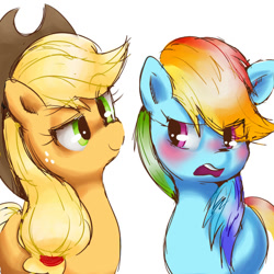 Size: 540x540 | Tagged: safe, artist:sagwamat, imported from derpibooru, applejack, rainbow dash, earth pony, pegasus, pony, appledash, blushing, female, lesbian, mare, shipping, simple background, white background