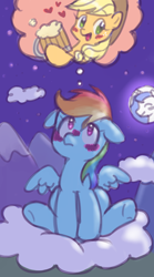 Size: 1000x1800 | Tagged: safe, artist:sagwamat, imported from derpibooru, applejack, princess luna, rainbow dash, alicorn, earth pony, pegasus, pony, appledash, blushing, cloud, cowboy hat, eyes closed, female, floppy ears, hat, lesbian, mare, night, shipping, smiling, stetson, thought bubble