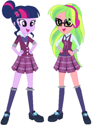 Size: 421x571 | Tagged: safe, artist:ra1nb0wk1tty, imported from derpibooru, lemon zest, sci-twi, twilight sparkle, equestria girls, clothes, clothes swap, crystal prep academy uniform, glasses, school uniform, socks