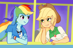 Size: 2490x1651 | Tagged: safe, artist:sagwamat, imported from derpibooru, applejack, rainbow dash, eqg summertime shorts, equestria girls, get the show on the road, clothes, cowboy hat, hat, looking at each other, multicolored hair, scene interpretation, smiling, stetson