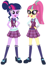 Size: 411x579 | Tagged: safe, artist:ra1nb0wk1tty, imported from derpibooru, sci-twi, sour sweet, twilight sparkle, equestria girls, clothes, clothes swap, crystal prep academy uniform, glasses, school uniform, socks