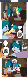 Size: 1971x5231 | Tagged: safe, artist:shinodage, imported from derpibooru, oc, oc only, oc:apogee, oc:delta vee, pegasus, pony, ash, ashtray, boop o' roops, bowl, box, cereal, cigarette, clothes, comic, delta vee's junkyard, desk lamp, dialogue, duo, ear freckles, eating, female, filly, food, freckles, graduation, graduation cap, hat, mare, milk, mother and daughter, no pupils, onomatopoeia, paper towels, poster, remote, shirt, speech bubble, television